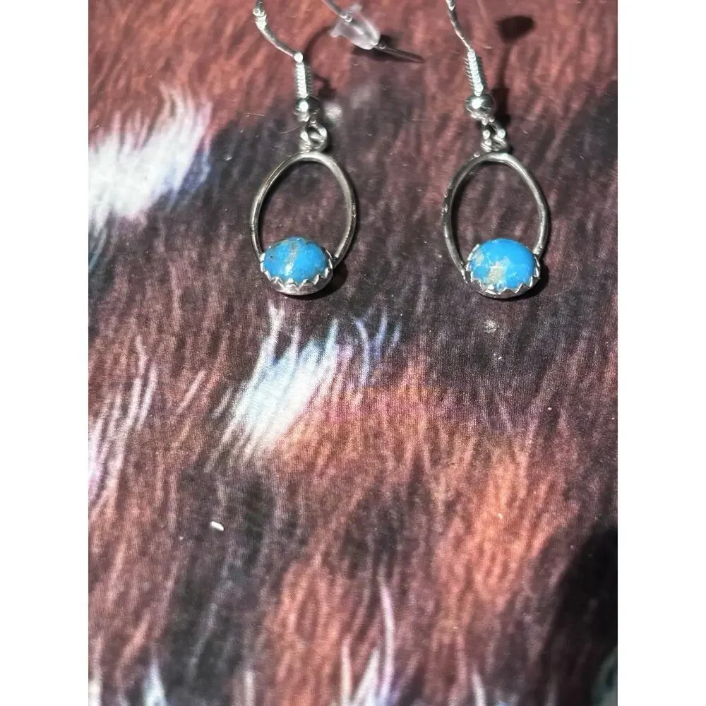 Sterling Silver & Kingman Turquoise Dangle Drop Oval Earrings Hand Crafted New - Picture 7 of 7